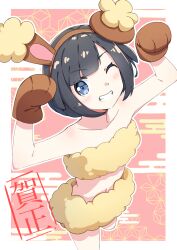 absurdres animal_ears animal_hands bandeau black_hair blue_eyes buneary buneary_(cosplay) cosplay creatures_(company) fake_animal_ears game_freak gen_4_pokemon gloves grin highres looking_at_viewer midriff negimiso1989 nintendo one_eye_closed paw_gloves pokemon pokemon_sm rabbit_ears rabbit_pose selene_(pokemon) short_hair skirt smile