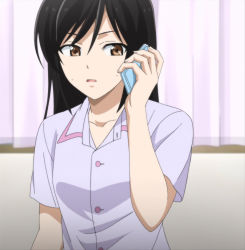 Rule 34 | ashisu sahoto, black hair, brown eyes, cellphone, highres, long hair, mangaka-san to assistant-san to, phone, screencap