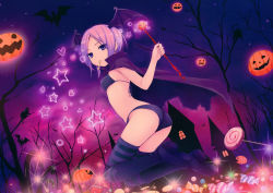 Rule 34 | 1girl, absurdres, bat wings, book, boots, candy, cape, cat, coffee-kizoku, food, full body, halloween, heart, highres, huge filesize, jack-o&#039;-lantern, lollipop, night, non-web source, pumpkin, purple eyes, purple hair, short hair, sky, solo, star (symbol), striped clothes, striped thighhighs, thighhighs, tree, wand, wings