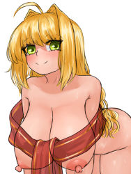 Rule 34 | 1girl, ahoge, blonde hair, blush, breasts, fate/extra, fate/grand order, fate (series), green eyes, highres, long hair, looking at viewer, nero claudius (fate), nero claudius (fate) (all), nipples, nude, smile, solo, steamingtofu, sweat, white background
