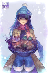 Rule 34 | 1girl, absurdres, blue headwear, breasts, brown coat, candy, candy cane, coat, cowboy shot, cup, cupcake, dated commentary, denim, food, genshin impact, gingerbread man, highres, holding, holding tray, jeans, large breasts, long hair, looking at viewer, mug, open clothes, open coat, pants, parted lips, purple eyes, purple hair, purple scarf, radishkek, raiden shogun, scarf, solo, standing, thighs, tray, very long hair