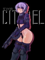 Rule 34 | 1girl, armor, black background, crotch strap, doekuramori, eyepatch, flat chest, gun, headgear, highres, holding, holding weapon, martyr (the citadel), navel, original, parted lips, purple eyes, purple hair, revealing clothes, ringed eyes, shiny skin, short hair, simple background, solo, standing, the citadel, thighhighs, thighs, weapon