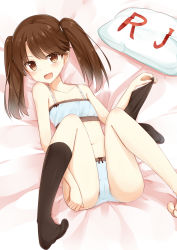 Rule 34 | 10s, 1girl, :d, black socks, blush, brown eyes, brown hair, cameltoe, character name, cinderella bust, feet, flat chest, highres, holding, holding socks, kantai collection, kneehighs, legs up, long hair, looking at viewer, lying, navel, on back, open mouth, panties, pillow, ryuujou (kancolle), smile, socks, solo, spread legs, tsuchikure, twintails, underwear, underwear only, white panties