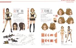 2girls absurdres blonde_hair blush boots breasts character_name character_profile character_sheet cleavage clothes_on_and_off color_guide commentary_request expressions from_behind full_body highres kouzuki_momoko large_breasts lipstick looking_at_viewer makeup miyasato_aoi multiple_girls multiple_views navel nipples notes official_art scan shoes simple_background small_breasts smile standing translation_request turnaround valkyrie_drive valkyrie_drive_-mermaid- variations white_background