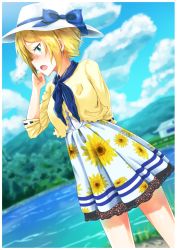 Rule 34 | 0141zucker, 1girl, blonde hair, blush, casual, cloud, day, dutch angle, embarrassed, green eyes, hat, highres, nonohara hime, open mouth, outdoors, short hair, skirt, sky, solo, sweatdrop, tokyo 7th sisters, water