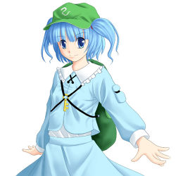 Rule 34 | 1girl, backpack, bag, blue dress, blue eyes, blue hair, collar, dress, female focus, flat cap, frills, hat, kawashiro nitori, key, looking at viewer, lowres, matching hair/eyes, mozan, short hair, simple background, solo, touhou, two side up, white background