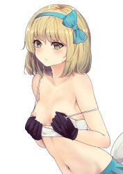 Rule 34 | 1girl, alice margatroid, alice margatroid (pc-98), alternate eye color, bare shoulders, black gloves, blonde hair, blue bow, blue hairband, blue skirt, blush, bow, bra, bra pull, breasts, closed mouth, clothes pull, commentary request, culter, embarrassed, from side, gloves, green eyes, hair bow, hairband, hands up, highres, leaning forward, looking at viewer, medium hair, midriff, navel, nipples, no shirt, pulling own clothes, self exposure, skirt, small breasts, solo, strap slip, touhou, touhou (pc-98), underwear, white bra