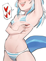 1girl alternate_costume arm_up armpits bad_tag bikini blue_hair blunt_bangs blush breasts commentary dingotoad english_commentary fins fish_tail gawr_gura gills heart highres hololive hololive_english long_hair multicolored_hair navel open_mouth shark_girl shark_tail sharp_teeth small_breasts smile solo streaked_hair striped_bikini striped_clothes swimsuit tail teeth two_side_up virtual_youtuber white_background white_hair