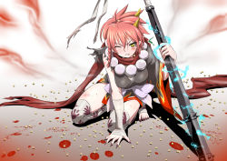 Rule 34 | 1girl, asymmetrical hair, bandages, beads, blood, braid, breasts, claws, clenched teeth, club, club (weapon), defeat, demon girl, electricity, fang, female focus, fingernails, huge weapon, japanese clothes, kamikirimusi, kanabou, kneeling, knees, large breasts, legs, nail, namco, oni, open mouth, pink hair, pointy ears, prayer beads, red oni, shungikuten, slit pupils, solo, soul calibur, soulcalibur, soulcalibur iv, spiked club, tears, teeth, thighhighs, thighs, toes, torn clothes, weapon, wince, yellow eyes