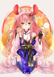 Rule 34 | 1girl, animal ear fluff, animal ears, blue kimono, blue legwear, breasts, cleavage, collarbone, commentary, commentary request, dango, fate/extra, fate/grand order, fate (series), food, fox ears, fox girl, fox tail, highres, holding, holding food, japanese clothes, kimono, large breasts, looking at viewer, mimi (pixiv24880343), multiple tails, pink hair, sitting, tail, tamamo (fate), tamamo no mae (fate/extra), wagashi, yellow eyes