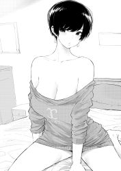 Rule 34 | 1girl, bare shoulders, bed, breasts, chanel, cleavage, collarbone, commentary, earrings, english commentary, greyscale, highres, jewelry, large breasts, looking at viewer, monochrome, norman maggot, off shoulder, olive laurentia, on bed, original, pixie cut, short hair, sitting, solo, sweater, wariza