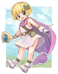 Rule 34 | 1girl, :d, belt, black belt, blonde hair, blue eyes, blue sky, blunt bangs, blush, bob cut, boots, bow, cape, character name, cloud, commentary request, day, dragon quest, dragon quest v, dress, emurin, flat chest, full body, gloves, green socks, hair bow, hero&#039;s daughter (dq5), highres, holding, holding staff, open mouth, outdoors, pouch, purple cape, short hair, sky, sleeveless, sleeveless dress, smile, socks, solo, staff, white dress, white footwear
