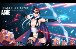 Rule 34 | 1girl, armpit peek, armpits, arrow (projectile), ashe (league of legends), black dress, blue eyes, bow (weapon), breasts, character name, cleavage, copyright name, drawing bow, dress, holding bow (weapon), hood, league of legends, long hair, medium breasts, open mouth, psychicjin, solo, thighhighs, weapon, white hair