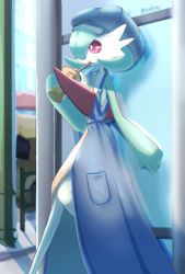 Rule 34 | 1girl, artist name, bare shoulders, blue dress, blue hat, bob cut, cabbie hat, clothed pokemon, colored skin, creatures (company), cup, day, disposable cup, dress, drinking, drinking straw, drinking straw in mouth, female focus, flat chest, game freak, gardevoir, gardevoir (cafe), gen 3 pokemon, green hair, green skin, hair over one eye, hand up, hat, highres, holding, holding cup, knees together feet apart, leg up, multicolored skin, nintendo, one eye covered, outdoors, pocket, pokemon, pokemon (creature), pokemon unite, red eyes, short hair, signature, sleeveless, sleeveless dress, solo, standing, standing on one leg, tsukkon, twitter username, two-tone dress, two-tone skin, white skin