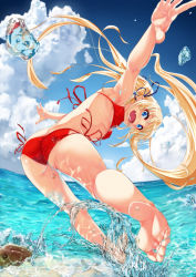 Rule 34 | 1girl, :d, armpits, ass, barefoot, beach, bikini, blonde hair, blue eyes, bokkusu, breasts, butt crack, caustics, cloud, day, fang, feet, from behind, hair ribbon, halterneck, highres, horizon, jumping, kneepits, leaning forward, long hair, looking at viewer, looking back, multi-strapped bikini bottom, ocean, open mouth, outdoors, outstretched arms, red bikini, ribbon, saenai heroine no sodatekata, sawamura spencer eriri, side-tie bikini bottom, sky, small breasts, smile, soles, solo, splashing, spread arms, string bikini, sunlight, swimsuit, toes, twintails, very long hair, water, water drop