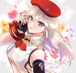 Rule 34 | 1girl, alisa ilinichina amiella, asymmetrical gloves, bare shoulders, beret, blue eyes, bracer, breasts, closed mouth, collared shirt, commentary request, dated, elbow gloves, fingerless gloves, gloves, god eater, god eater 2: rage burst, grey hair, hair between eyes, hand up, happy birthday, hat, highres, long hair, looking at viewer, medium breasts, neckerchief, partially unbuttoned, red neckerchief, shirt, sidelocks, single elbow glove, sleeveless, sleeveless shirt, smile, solo, standing, stomach, torayama (mps2nd), underboob, upper body, white shirt