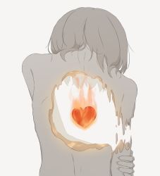 Rule 34 | 1other, avogado6, burning heart, commentary request, completely nude, detached arm, facing away, from behind, grey background, grey hair, heart, hole in chest, hole on body, melting, nude, original, pale skin, simple background, symbolism, upper body