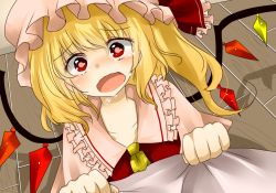 Rule 34 | 1girl, ascot, bad id, bad pixiv id, blonde hair, blush, crying, crying with eyes open, female focus, flandre scarlet, hat, hat ribbon, koyashaka, open mouth, red eyes, ribbon, short hair, side ponytail, solo, tears, touhou, wavy eyes, wavy mouth, wings