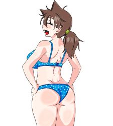Rule 34 | 1girl, absurdres, amano megumi, amano megumi wa suki darake!, ass, back, blue bra, blue panties, bra, breasts, brown hair, cowboy shot, closed eyes, fang, from behind, hands on own hips, highres, huge ass, large breasts, lpogo, open mouth, panties, polka dot, polka dot bra, polka dot panties, ponytail, simple background, smile, solo, standing, thighs, underwear, underwear only, white background