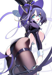 Rule 34 | 1girl, :3, absurdres, aiee, anchor, areola slip, azur lane, black hair, black hat, black pantyhose, blue eyes, blue nails, bow, breasts, cheshire (azur lane), cheshire (the cat in the magic hat) (azur lane), from side, hat, hat bow, highres, large breasts, leotard, long sleeves, looking at viewer, meme attire, official alternate costume, open mouth, pantyhose, playboy bunny, purple bow, reverse bunnysuit, reverse outfit, short hair, simple background, solo, thigh strap, top hat, white background