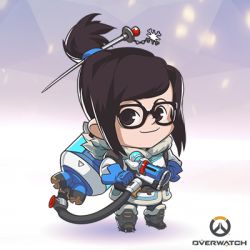 Rule 34 | 1girl, artist request, beads, blue gloves, boots, brown eyes, brown hair, chibi, copyright name, full body, glasses, gloves, hair bun, hair ornament, hair stick, hairpin, lowres, mei (overwatch), official art, overwatch, overwatch 1, single hair bun, smile, solo, standing