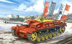 Rule 34 | 10s, banner, cannon, caterpillar tracks, cloud, cloudy sky, day, driving, girls und panzer, military, military vehicle, motor vehicle, no humans, outdoors, panzer iv, sdkfz221, sky, sturmgesch&uuml;tz iii, tank, vehicle, vehicle focus