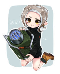 Rule 34 | 1girl, ankle boots, bike shorts, black jacket, blush, boots, brown footwear, closed mouth, explosher (splatoon), full body, gothloli dokuro, grey hair, holding, jacket, kneeling, long sleeves, looking at viewer, medium hair, nintendo, octoling, octoling girl, octoling player character, outline, single vertical stripe, sleeves past wrists, smile, solo, splatoon (series), splatoon 2, suction cups, tentacle hair, white outline, yellow eyes