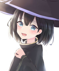 Rule 34 | absurdres, bad id, bad pixiv id, black hair, blue eyes, blush, cloak, hand on another&#039;s shoulder, hat, highres, looking at viewer, looking back, lshiki, majo no tabitabi, open mouth, saya (majo no tabitabi), short hair, white background, witch hat