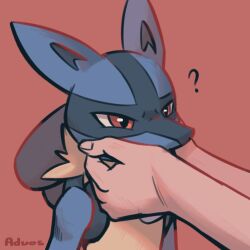 Rule 34 | 1boy, 1other, ?, advos, artist name, bare shoulders, blue skin, body fur, brown fur, colored skin, creatures (company), furry, furry male, game freak, gen 4 pokemon, hands on another&#039;s cheeks, hands on another&#039;s face, lucario, nintendo, pokemon, pokemon (creature), red background, red eyes, simple background