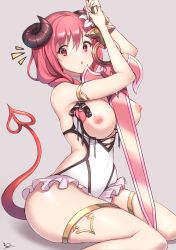 Rule 34 | 1girl, alternate hairstyle, armlet, braid, braided ponytail, breasts, breasts out, demon girl, demon horns, demon tail, frilled one-piece swimsuit, frills, grey background, heart, heart tail, highres, holding, holding sword, holding weapon, horns, io (princess connect!), io (summer) (princess connect!), large breasts, looking at viewer, nene (atsushi hamano), nipples, official alternate costume, one-piece swimsuit, princess connect!, red eyes, red hair, simple background, sitting, solo, swimsuit, sword, tail, thighlet, weapon, white one-piece swimsuit