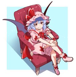 Rule 34 | 1girl, bat wings, blue hair, dress, eichi yuu, frilled dress, frilled headwear, frills, full body, hat, hat ribbon, looking at viewer, mob cap, on chair, pink dress, pointy ears, puffy short sleeves, puffy sleeves, red eyes, red ribbon, remilia scarlet, ribbon, short hair, short sleeves, sitting, smile, solo, touhou, wings