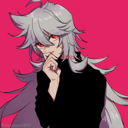 Rule 34 | 1boy, black sweater, commentary request, eyes visible through hair, facial scar, genshin impact, grey hair, hand up, head tilt, long hair, long sleeves, looking at viewer, male focus, ojo aa, parted lips, pink background, razor (genshin impact), red eyes, scar, scar on cheek, scar on face, simple background, solo, sweater, turtleneck, turtleneck sweater, twitter username, upper body