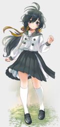 Rule 34 | 1girl, absurdres, black eyes, black footwear, black hair, black skirt, bow, breasts, brown bow, closed mouth, commentary request, doroame (ameyu), full body, grey background, grey sailor collar, hair between eyes, hair bow, hand up, highres, kneehighs, loafers, long sleeves, original, pleated skirt, puffy long sleeves, puffy sleeves, sailor collar, school uniform, serafuku, shirt, shoes, simple background, skirt, small breasts, socks, solo, standing, white shirt, white socks