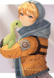 Rule 34 | 1girl, absurdres, animification, apex legends, artist name, blonde hair, blue bodysuit, blue eyes, bodysuit, border, commentary, commission, english commentary, from side, grey background, harisun studios, highres, holding, holding stuffed toy, hood, hood down, hood up, hooded bodysuit, hooded jacket, jacket, lightning bolt symbol, looking at viewer, nessie (respawn), orange jacket, outside border, solo, stuffed toy, wattson (apex legends), white bodysuit, white border