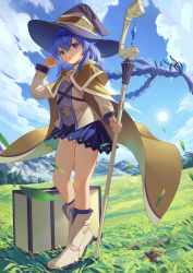 Rule 34 | 1girl, :o, absurdres, adjusting hair, blue eyes, blue hair, blue skirt, boots, braid, brown cape, cape, clothes lift, commentary, crossed bangs, dress shirt, falling leaves, full body, grass, hair between eyes, hand on headwear, hand up, hat, heel up, highres, holding, holding staff, leaf, long hair, looking at viewer, mountain, mushoku tensei, outdoors, panties, panty peek, revision, roxy migurdia, scenery, shirt, skirt, skirt lift, sky, staff, standing, suitcase, sun, twin braids, underwear, wang man, white shirt, wind, wind lift, witch hat