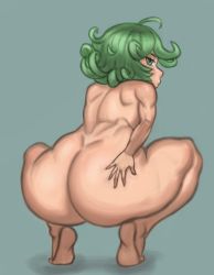 Rule 34 | 1girl, artist request, ass, ass focus, ass grab, back, barefoot, completely nude, curly hair, expressionless, flipped hair, from behind, grabbing own ass, green eyes, green hair, highres, huge ass, lips, looking at viewer, looking back, nude, one-punch man, short hair, solo, squatting, tatsumaki, thick thighs, thighs, wide hips