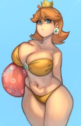 Rule 34 | 1girl, absurdres, ball, beachball, bikini, blue background, blue eyes, breasts, brown hair, cleavage, collarbone, commentary, crown, curvy, earrings, english commentary, freckles, highres, huge breasts, jewelry, kelvin hiu, large breasts, long hair, mario (series), midriff, navel, nintendo, princess daisy, simple background, skindentation, solo, super mario land, swimsuit, thick thighs, thighs, wet, wide hips, yellow bikini