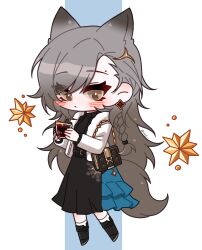 Rule 34 | 1girl, animal ears, arknights, black footwear, black skirt, black sweater, blue background, blush, book, boots, braid, brown eyes, brown hair, chibi, cinnamon stick, drink, earrings, extra ears, full body, hair ornament, highres, holding, holding drink, jacket, jewelry, layered sleeves, long hair, long sleeves, mole, mole above eye, nhom (woogi), official alternate costume, open clothes, open jacket, penance (arknights), penance (occasionally flushed) (arknights), ribbed sweater, simple background, skirt, socks, solo, sweater, tail, two-tone background, very long hair, white background, white jacket, white socks, wolf ears, wolf girl, wolf tail