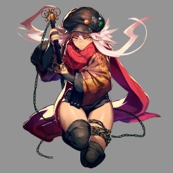 Rule 34 | 1girl, angry, boots, bridal gauntlets, chain, chyko7080, dark-skinned female, dark skin, grey background, hat, highres, katana, kneeling, long hair, looking at viewer, on one knee, orange eyes, original, pink hair, scarf, shorts, solo, sword, thigh boots, thighhighs, weapon