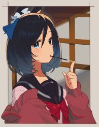 Rule 34 | 1girl, alternate costume, animal ears, ashinowoto, black hair, blue eyes, blush, bow, bowtie, eishin flash (umamusume), hand up, highres, horse ears, index finger raised, jacket, looking at viewer, mouth hold, official art, pocket, red bow, red bowtie, red jacket, sailor collar, shirt, solo, umamusume, upper body, white shirt