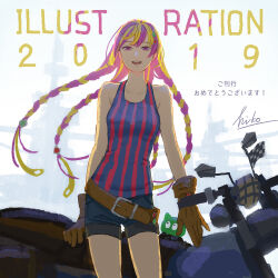 Rule 34 | 1girl, 2019, belt, black shorts, blonde hair, brown belt, brown gloves, cowboy shot, gloves, hiko (scape), illustration.media, looking at viewer, motor vehicle, motorcycle, multicolored hair, open mouth, purple eyes, purple hair, shorts, signature, smile, solo, striped tank top, tank top, two-tone hair