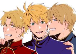 Rule 34 | 3boys, arthur pendragon (fate), blonde hair, brothers, clenched teeth, family, fate/prototype, fate/prototype: fragments of blue and silver, fate (series), father and son, hand on another&#039;s shoulder, kay (fate), looking at viewer, male focus, mordred (fate/prototype), multiple boys, siblings, simple background, teeth, upper body, white background, yuuya (aice)