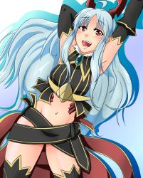 Rule 34 | 00s, 1girl, aliasse, armpits, bad id, bad pixiv id, black gloves, black thighhighs, blue hair, elbow gloves, gloves, groin, highres, hirose geronimo, long hair, navel, open mouth, red eyes, senjou no valkyria, senjou no valkyria (series), senjou no valkyria 2, solo, thighhighs