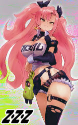 Rule 34 | 1girl, absurdres, bare shoulders, black jacket, black ribbon, black shorts, black thighhighs, breasts, cleavage, commentary request, cowboy shot, cropped jacket, cutoffs, earrings, hair between eyes, hair ribbon, heart, heart earrings, highres, inuyou, jacket, jewelry, large breasts, long hair, long sleeves, looking at viewer, micro shorts, midriff, navel, nicole demara, open clothes, open jacket, pink hair, ribbon, shorts, single thighhigh, smile, solo, standing, stomach, strapless, thigh strap, thighhighs, tube top, two side up, very long hair, yellow eyes, zenless zone zero