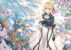 Rule 34 | 10s, 1girl, ascot, black gloves, blonde hair, blue eyes, dress, from above, gloves, hair between eyes, hair ribbon, letter, long dress, long sleeves, looking up, outdoors, parted lips, red ribbon, ribbon, sevens (treefeather), solo, standing, violet evergarden, violet evergarden (series), white ascot, white dress
