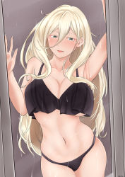 Rule 34 | 1girl, armpits, black panties, black shirt, blonde hair, blue eyes, breasts, cleavage, cowboy shot, hair between eyes, highres, kantai collection, large breasts, long hair, mee don, mole, mole under eye, mole under mouth, navel, one-hour drawing challenge, panties, richelieu (kancolle), shirt, underwear, window