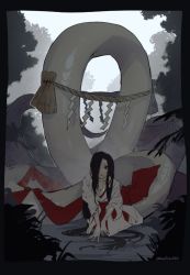 Rule 34 | 1girl, black hair, breasts, cleavage, female focus, fog, hair over one eye, japanese clothes, kimono, lamia, leaning forward, long hair, monster girl, mullmull02, nature, original, outdoors, pale skin, parted lips, red eyes, solo