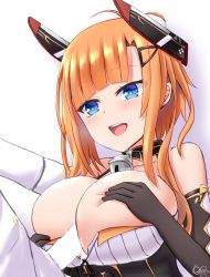 Rule 34 | 1boy, 1girl, azur lane, blue eyes, blush, breast hold, breasts, censored, cleavage, collar, collarbone, commentary request, detached sleeves, foxhound (azur lane), foxhound (retrofit) (azur lane), hair ornament, hairclip, highres, kousi sirazawa, large breasts, open mouth, orange hair, out of frame, paizuri, penis, remodel (azur lane), short hair with long locks, simple background, solo focus, white background, zipper