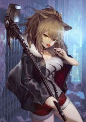 Rule 34 | 1girl, animal ears, arknights, black jacket, black nails, breasts, brown eyes, brown hair, candy, cat ears, choker, cleavage, collarbone, commentary request, food, fur trim, hair between eyes, highres, holding, holding weapon, jacket, large breasts, lion ears, lollipop, long hair, long sleeves, looking at viewer, md5 mismatch, nail polish, nakamura eight, outdoors, ponytail, resolution mismatch, shorts, siege (arknights), solo, source larger, tank top, weapon
