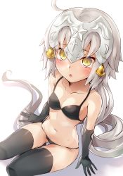 Rule 34 | 1girl, absurdres, adapted costume, ahoge, arm support, bikini, black bikini, black gloves, black thighhighs, blush, breasts, cleavage, collarbone, commentary request, elbow gloves, fate/grand order, fate (series), from above, gloves, gluteal fold, hair between eyes, headpiece, highres, jeanne d&#039;arc (fate), jeanne d&#039;arc (ruler) (fate), jeanne d&#039;arc alter santa lily (fate), long hair, looking at viewer, navel, open mouth, samoore, sitting, small breasts, solo, stomach, swimsuit, tears, thighhighs, very long hair, yellow eyes